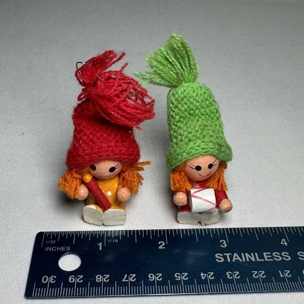 Vintage Wood Handcrafted Christmas Ornaments Dolls Girls Pig Tails Set Of 2
